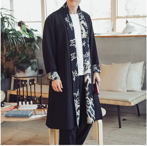 HZCX FASHION Mens Long Kimono Cardigan Open Front Print Cotton Linen Trench Coat4