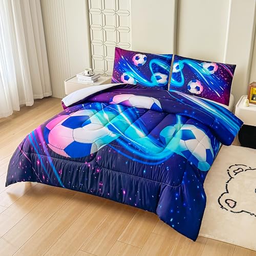 Image of Peopleareok Soccer Comforter Set Full(79x90 Inch), 3D Printed Purple Galaxy Soccer Theme Comforter, Sports Football Bedding, 3 Pieces Soft Microfiber Football Bedding Set for Boys with 2 Pillowcases