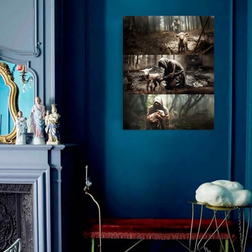 Image of Jesus with Lamb Christian Canvas Wall Art, Shepherd's Rescue Religious Canvas Print, Gallery Wrapped Ready to Hang Fade Resistant Faith Decor for Living Room Bedroom Prayer Room Church