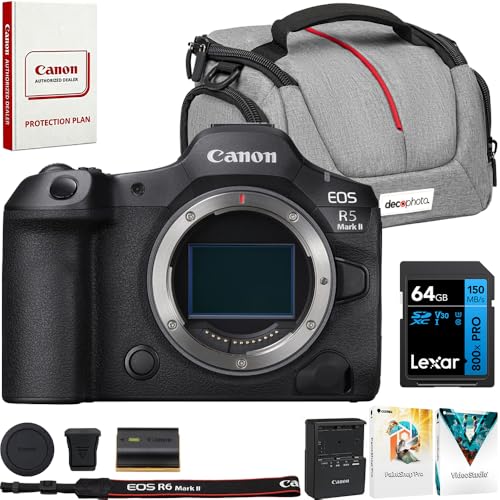 Canon 6536C002 EOS R5 Mark II Full Frame Mirrorless Camera Body Bundle with Deco Photo Camera Bag, Lexar PRO Blue Series 64GB SDXC Memory Card and Corel Photo Video Suite