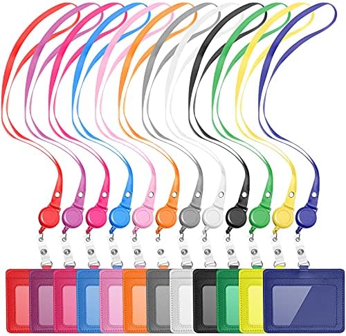 12 Sets PU Leather ID Badge Holder Retractable Name Badge Reel with Lanyards Waterproof Clear Card Holder with 1 Transparent ID Window 1 Credit Card Slot for Women Men Nurse School Office (Horizontal)