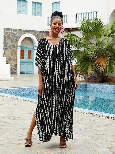 Image of sunforyou Kaftan Dresses for Women Plus Size Lightweight Swimsuit Cover up Batwing Sleeve Print Loungewear Beach Robe