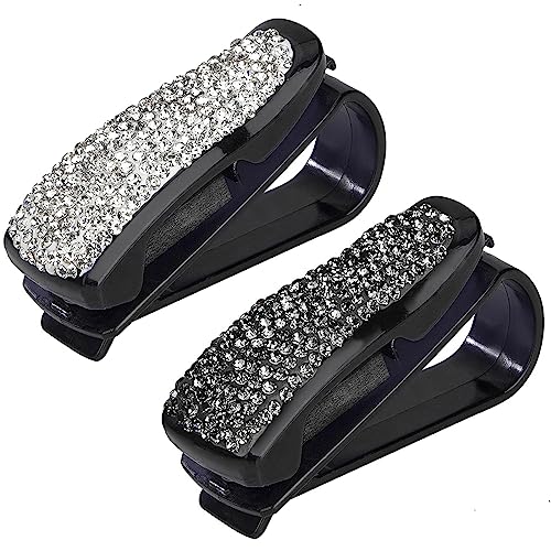 AAED 2 Clips De Lunettes De Voiture, Porte-Lunettes De Voiture Porte-Lunettes De Soleil avec Strass Bling Ticket Card Clip Holder pour Voiture Pare-Soleil Lunettes Noir Blanc