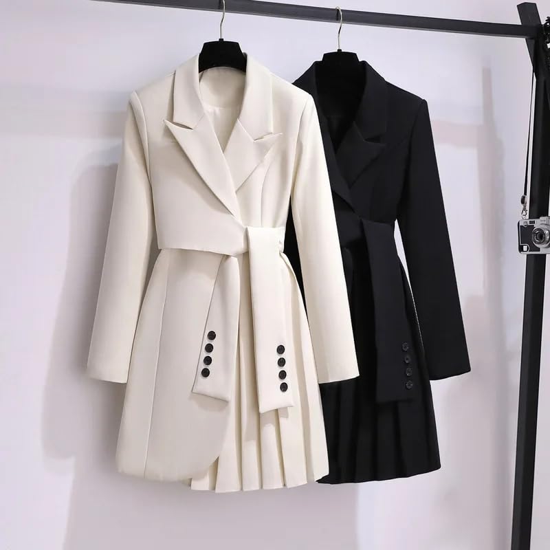 Women Buttons Blazer V-Neck Bandage Blazer Spliced Dress Solid Pleated Suit Outerwear2