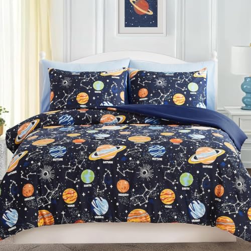 Image of Queen Size Comforter Set for Boys-7 Pieces Planet Glow in the Dark Bedding