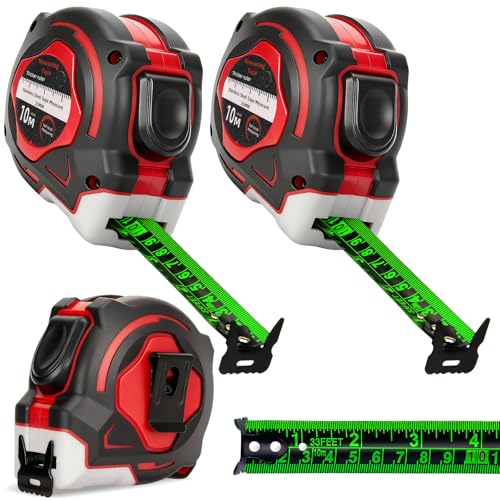10M/32.8ft Tape Measure Width 25mm Fluorescent Transparent Steel Precision Measuring Tape Stainless Steel Retractable Double Sided Graduated Easy To Read Self-Lock Measuring(2 pack)