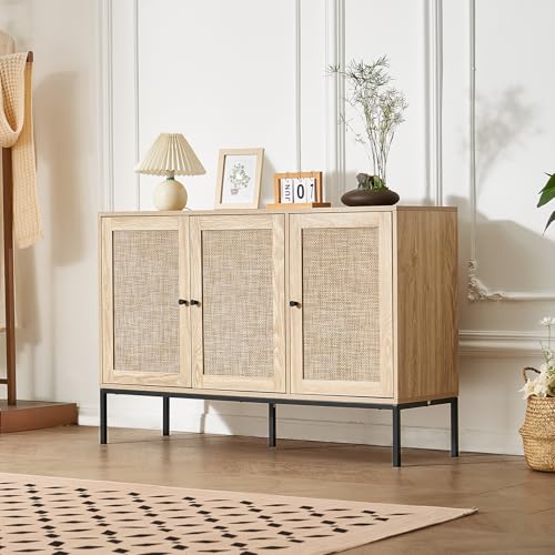 VEVOR Rattanschrank Rattankommode Aufbewahrungsschrank mit 3 magnetischen Türen & verstellbaren Regalen, Sideboard-Buffetschrank für Flur Eingangsbereich Wohnzimmer Küche Flur Holzfarben VEVOR Rattanschrank Rattankommode Aufbewahrungsschrank mit 3 magnetischen Türen & verstellbaren Regalen, Sideboard-Buffetschrank für Flur Eingangsbereich Wohnzimmer Küche Flur Holzfarben