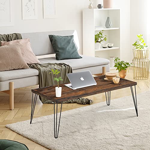 Costway 43.5" Wooden Coffee Table, Rectangular Central Table W/Solid Wood Tabletop & Metal Legs, Industrial Wooden Cocktail Tea Table For Living Room Office Reception Room, Easy Assembly, Walnut #TOP1