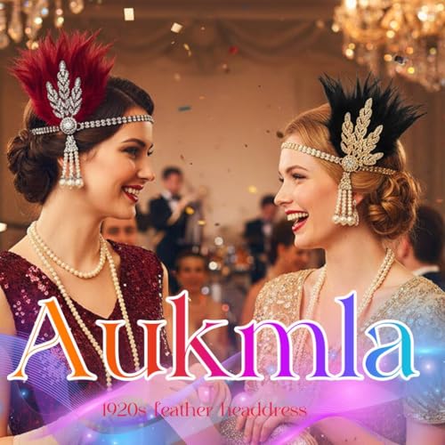Aukmla 1920s Flapper Feather Headband Leaf Rhinestones Headpiece Pearl Roaring 20s Headdress Hair Accessories for Women (Red, One Size) - Thumbnail 5