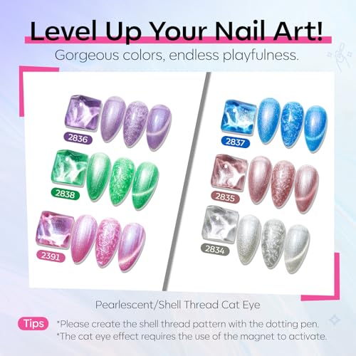 Image of modelones Cat Eye Gel Nail Polish Set, 6 Colors 2026 Summer Shimmer Pearl Magnetic Nail Drawing Set with Magnet, Iridescent Mermaid Swirl Shell Thread Purple Pink Blue Green Coral Glitter DIY Gift