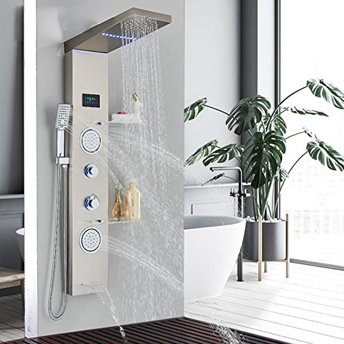 SFSLBFB Brushed Nickel LED Shower Panel Tower. Stainless Steel Multi-Function Shower With Temperature Display, Rainfall Shower Head, Massage Body Jets, Tub Spout and Handheld Shower.