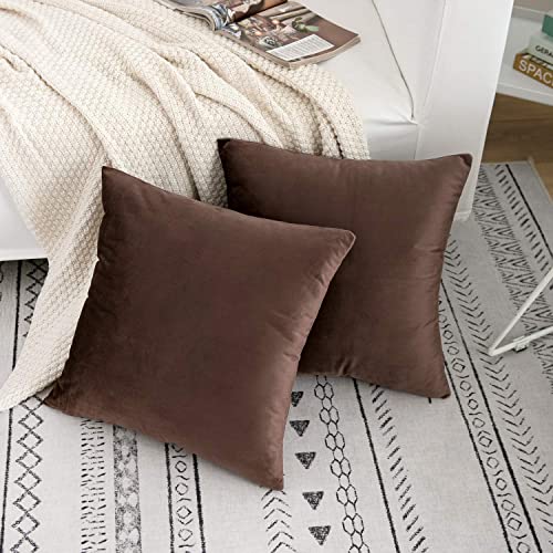 Image of 2 Piece Holland Velvet Cushion Cover, 12x12 inch, Coffee Brown | Soft Solid Decorative Throw Square Pillow Cases Modern Luxury Home Decor for Couch Sofa Bedroom Livingroom