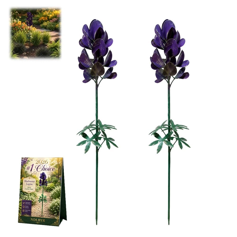 Lupine - Paletto da giardino in metallo, stile rustico, realizzato a mano, 65 cm, decorazione per esterni, ornamento floreale stravagante, scultura in metallo, per prato, patio, cortile, vialetto (2