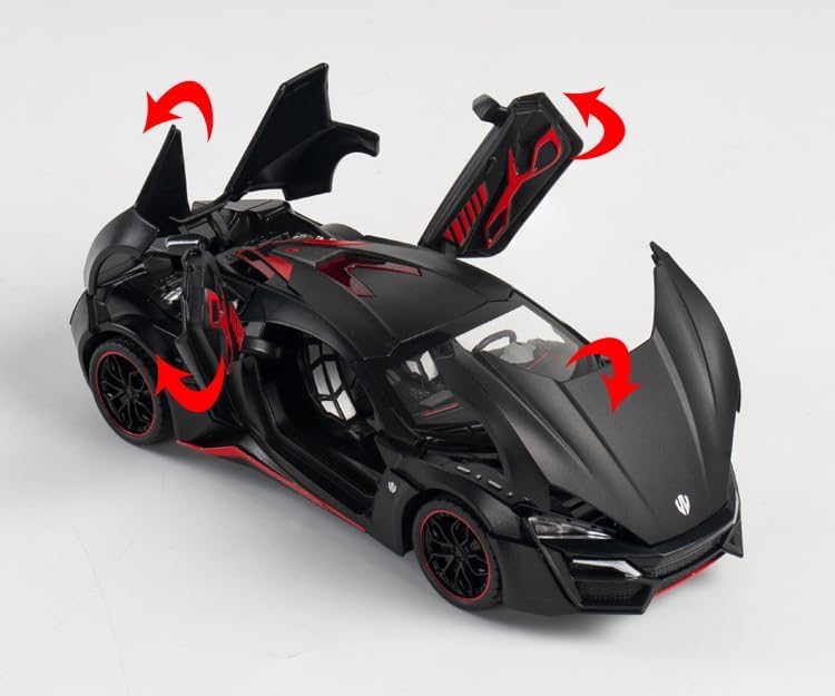 FUNABLO 1:32 Scale Exclusive Alloy Metal Pull Back Die-cast Car Model with Sound Light Mini Auto Toy for Kids Metal Model Toy Car with Sound and Light (LYKAN Hyper Sport -Black) 4