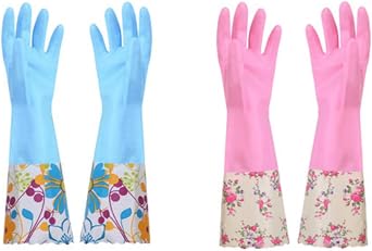 DOPI Rubber Latex Waterproof Dishwashing Gloves,2 Pair Medium Long Cuff Flock Lining Household Cleaning Gloves