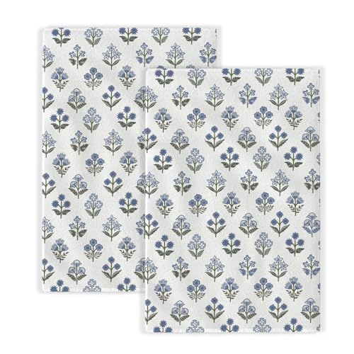 Image of Blue Sage Green Block Print Spring Floral Kitchen Towels Vintage Flower Dish Towels, 16x24 Inch Farmhouse Summer Holiday Decoration Absorbent Hand Towels for Kitchen Drying Decor Set of 2