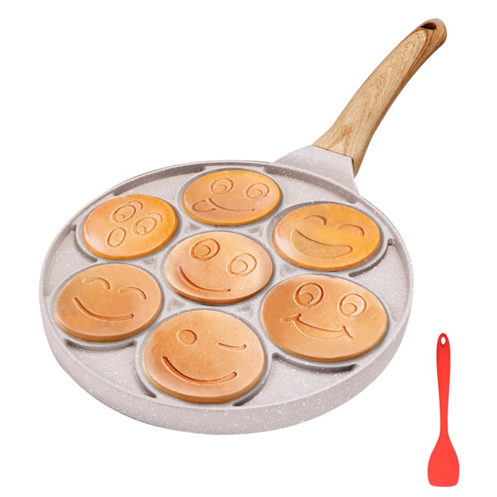 Sarten para Tortitas de Induccion, Molde Tortitas Smiley Antiadherente 7 Agujeros Sartén para Crepés de Desayuno para Niños 26 cm - Blanco