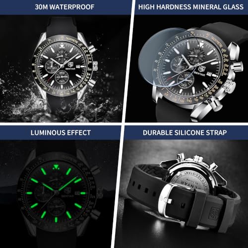 Image of BENYAR Men's Watches Chronograph Watch for Men Multifunction Black Waterproof Sport Fashion Quartz Wristwatches Calendar with Stainless Steel Strap