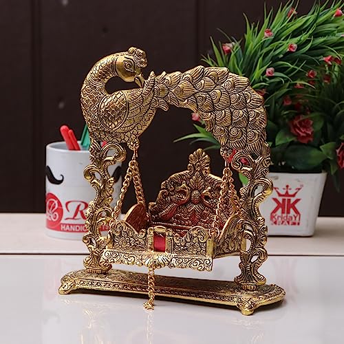 Image of KridayKraft Metal Laddu Gopal Jhulla for Janmastmi Festive Gold Plated Decor Your Home Metal Palna for Krishna ji, Temple Office,Gift Article.