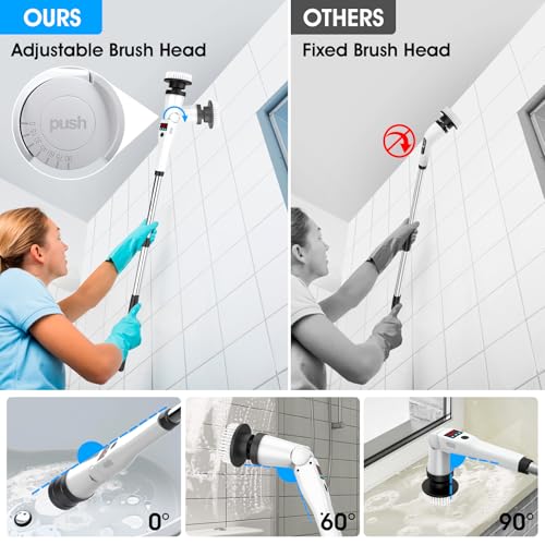 Image of Electric Spin Scrubber, Shower Scrubber with Long Handle, Rechargeable Cordless Power Scrubber, Retractable & Adjustable Angle Spin Brush for Cleaning Bathroom /Tub /Floor /Tile (Black-White+Beige)
