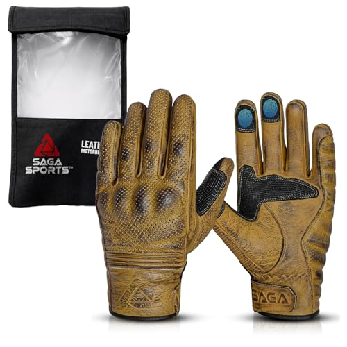 SAGA SPORTS Ultimate Motorcycle Gloves for Men & Women Touchscreen Compatible Riding Gloves with Premium Leather, Touch Screen and Palm Pad Protection (Brown, Large)