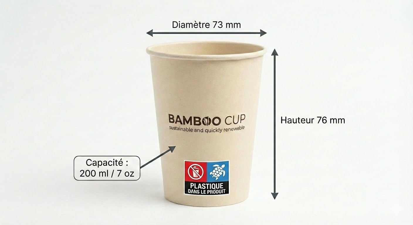 Générique Lot de 1000 Gobelets Carton Fibre de Bambou – Sans PFAS & Recyclables – Couleur Kraft Naturel- Plusieurs Tailles Disponibles (20 cl (7 oz))