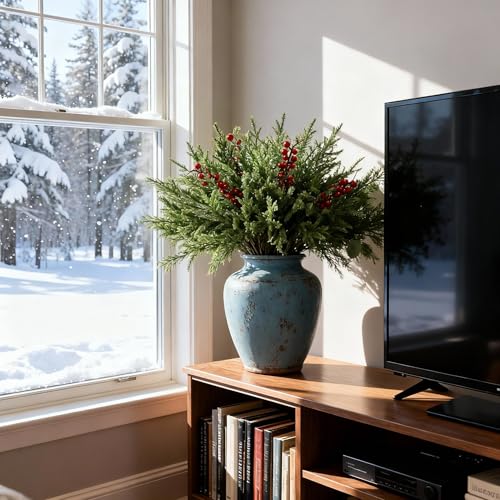 Branches de pin artificielles de Noël avec baies rouges, lot de 12 de 45 cm pour vase