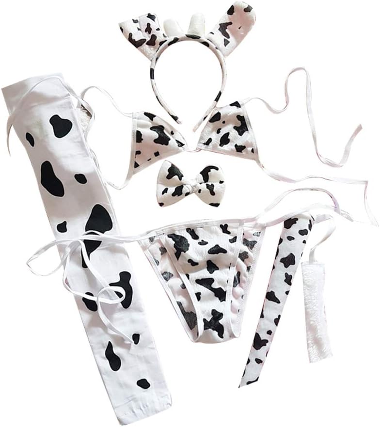 Womens Sexy Maid Cosplay Lingerie Furry Milk Cow Costume Kawaii Anime Bikini Set Mini Leopard Bra and Panty Outfit (White1)