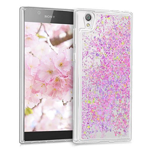 kwmobile TPU Silicone Case Compatible with Sony Xperia L1 - Soft Flexible Cover with Flowing Liquid - Stars Snow Globe Pink/Transparent
