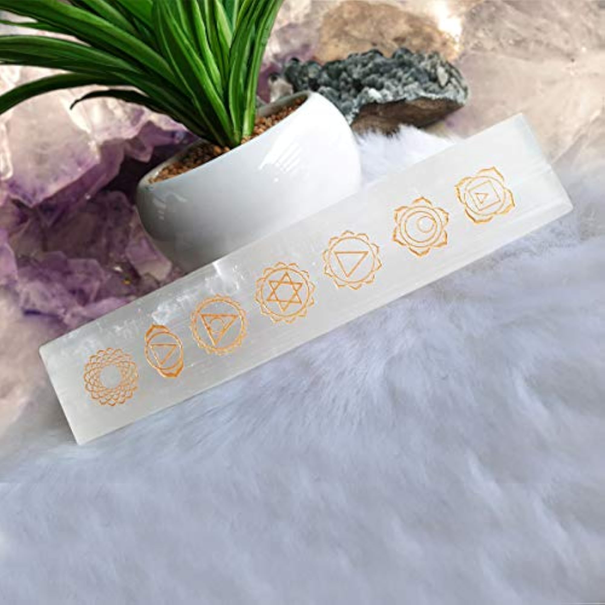 7 Chakra Symbol Selenite Stick, Feng Shui Cleansing