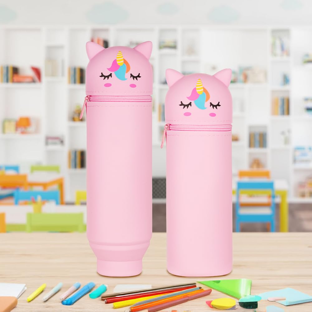 AMFUN Pink Unicorn 2 in 1 Soft Silicone Pencil Case, Stand Up Cup Holder for Kids Students, Adults - School and Office Animal Pouch - Image 3