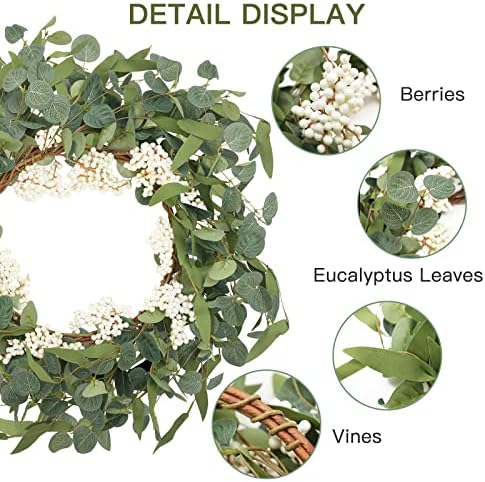 CiCiwind 19'' Artificial Eucalyptus Wreath for Front Door Spring Wreath with White Berries Green Leaf Wreath for Farmhouse Window Front Patio Garden Decoration