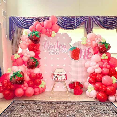 Image of JOGAMS 178Pcs Strawberry Balloon Arch Garland Kit with Pastel Orange Strawberry Foil Red Polka Dot Balloons for Berry First Sweet One Strawberry Theme Birthday Baby Shower Party Decorations for Girls