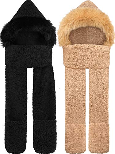 Syhood 2 Pieces Winter Warm Hooded Scarf Gloves Set 3 In 1 Soft Plush Thick Warm Hat Headscarf Furry Hat with Pocket for Women