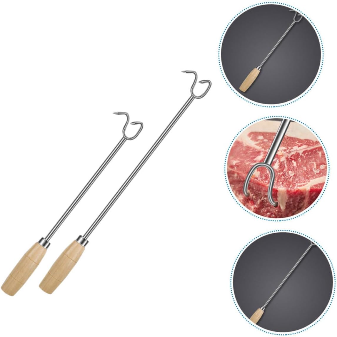 2Pcs Stainless Steel Meat Flipper with Wooden Handle Grilling Tool for Bbq Sausage Pricking and Kitchen Cooking Food Turner for Griddle and Grill