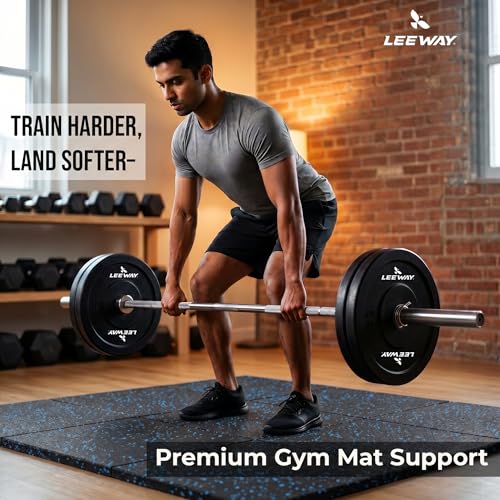 Image of Leeway Gym Mats for Floor | EPDM (Set of 4, 10mm, 20 inchx20 inch) Black with Blue Flecks| Gym Floor Mat Rubber for Heavy Workout | Matt for Home Exercise | | Yoga Rubber Tiles, Kids Rooms Heavy Duty Sheet