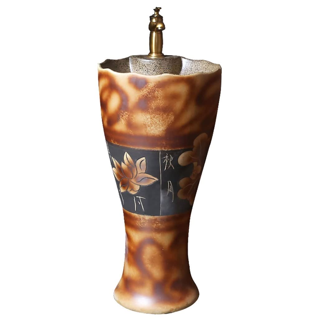 ENGENDER Pedestal Sink Pedestal Sink Retro Ceramic Column Basin Antique Outdoor Villa Floor Washbasin Integrated