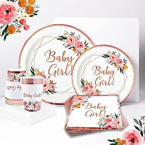 Ola Memoirs Baby Shower Girl Plates and Napkins for 24 Floral Boho Party Supplies Rose Gold Sweet Flower Decorations Paper Disposable Cups Its a Girl Pink Butterfly Rustic Woodland Girls Theme Sets Cover