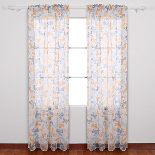 Image of Deconovo Decorative Blackout Printed White Sheer 84 Inch Length-Rod Pocket Voile Drape Curtains for Bedroom, 42W x 84L Inch, Blue Green and Orange