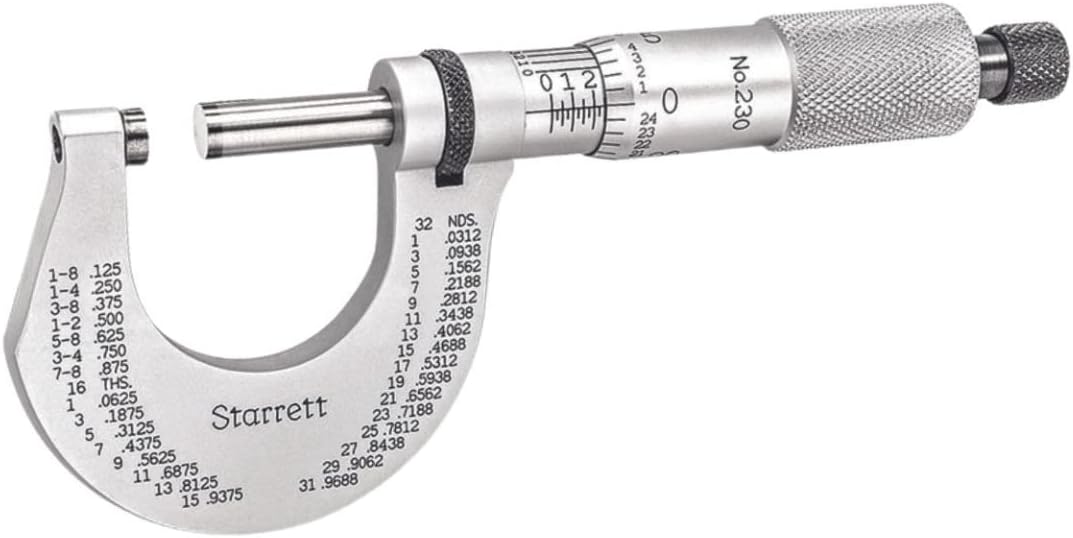 Starrett T230XRL Outside Micrometer, Ratchet Stop, Lock Nut, Carbide Faces, 0-1" Range, 0.0001" Graduation, -0.00005" Accuracy