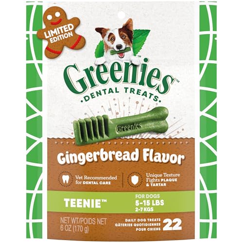 Greenies Gingerbread Flavor Teenie Size, Veterinarian-Recommended for Dental Care, Dog Treat Chews, Great Holiday Dog Stocking Stuffers, Limited Edition, 6 oz. Pouch (22 Treats)