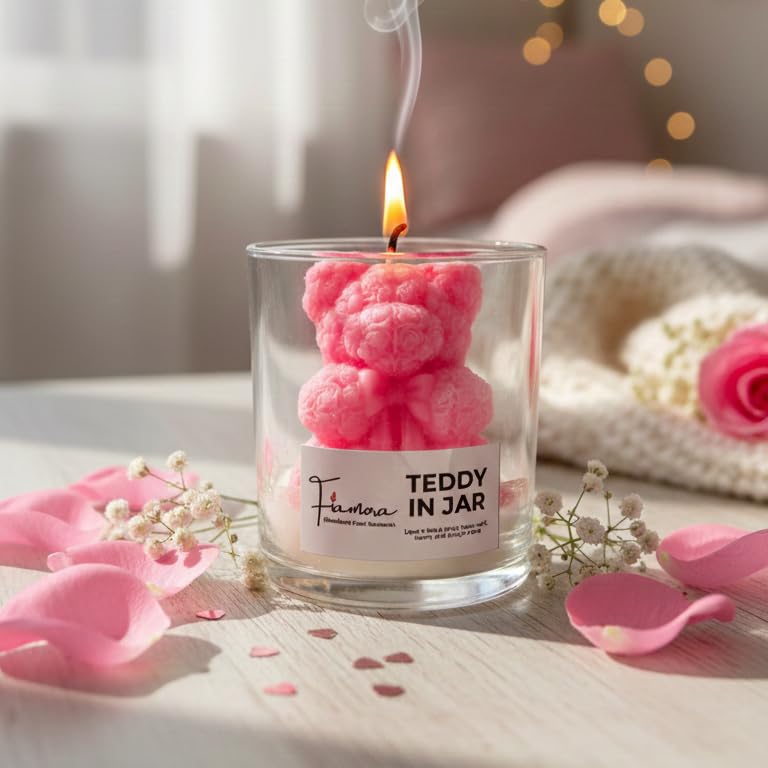 Image of Adorable Pink Teddy Bear Scented Jar Candle | 3D Bear with Heart in Glass | Classic Rose Fragrance | Hand-Poured Soy Wax | Perfect Diwali Gift, Birthday Gift for Girlfriend, Cute Home Decor