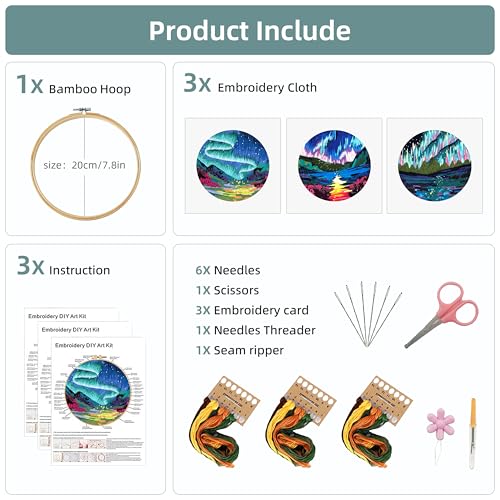 Image of KEKEMEOW 3 Sets Embroidery Kit for Beginners, Stitches with Aurora, Aurora Borealis Embroidery Stitch Practice kit for Adults Craft Lover, Needlepoint Hand Embroidery Kit with Pattern、Instruction、Hoop