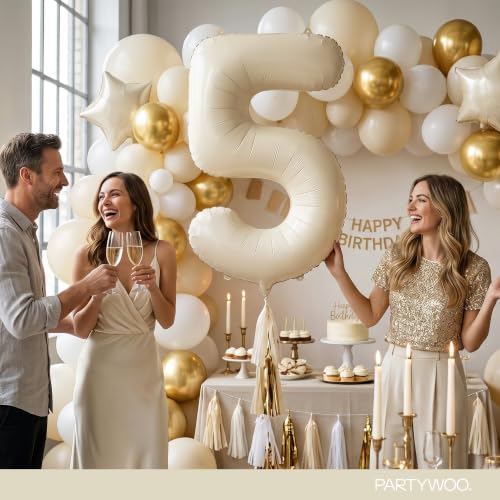 Image of PartyWoo Beige Number 5 Balloon 40 Inch 25pcs White Sand Foil Star Gold | Foil Number Large Gaint Jumbo Balloons for Birthday Bridal Baby Shower Graduation Wedding Anniversary Party Decorations