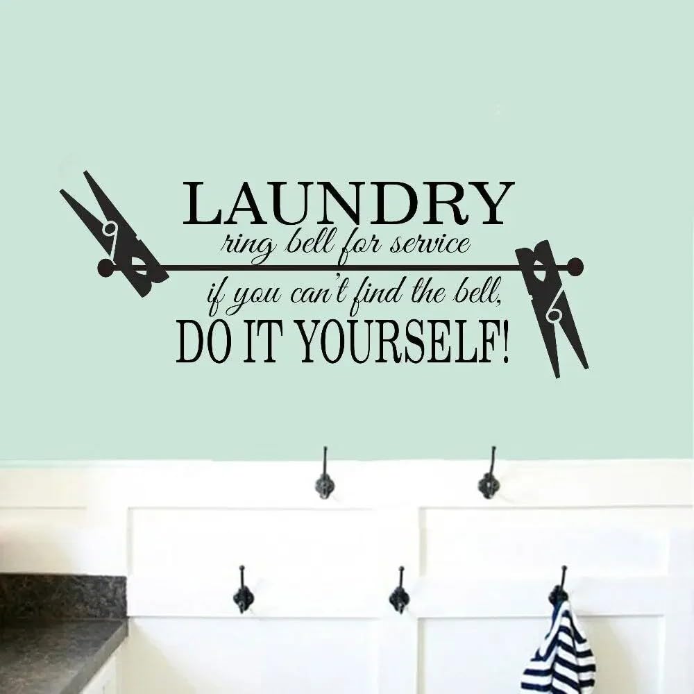 Laundry Room Wall Decals Laundry Ring Bell for Service Do It Yourself Quotes Vinyl Home Decor Wash Room Clothespin Stickers 57x22cm