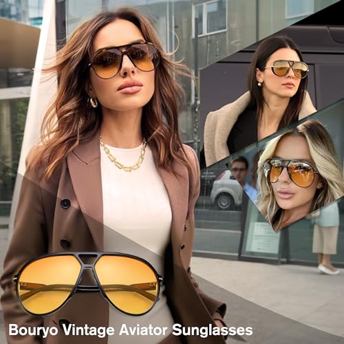 Bouryo Retro Aviator Sunglasses for Women Men - Oversized Trendy 70s Sun Glasses Vintage Big Round Shades3
