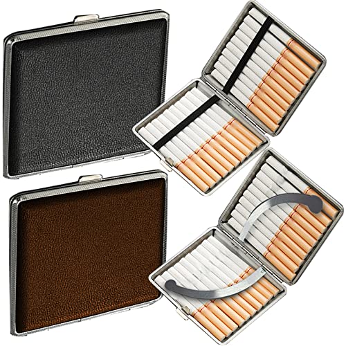 RUIJIE 2 Piezas Cigarrera de Cuero para 20 Cigarrillos Estuche de Cigarrillos Pitilleras de Metal Pitillera de Metal para Tabaco Portátil Caja de Cigarrillo (Negro y Marrón)