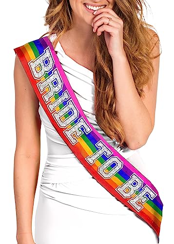 Gay Bride Sash - Premium Bridal Grade Satin Silver Sparkle Sporty Bride to Be Rainbow Sash - Gay Pride Bachelorette Party Wedding Gift - Sash(SprtyB2B) RBW