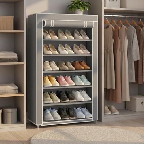 Image of EASY BUY Shoe Rack with Cover | Plastic Rack 6 Shelves with Zip Cover & Side Pockets | Dustproof Multiuse Storage Organizer for Footwear, Toys, Shoe Rack Plastic, Slipper Stand, Grey
