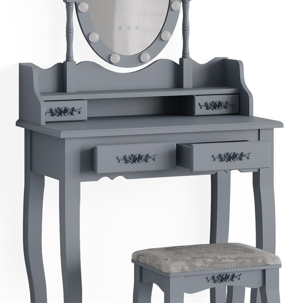 Vicco Schminktisch Maggie, Grau, 75 cm | mit LED Beleuchtung und Hocker, Vintage-Design verleiht jedem Raum Charakter und Charme